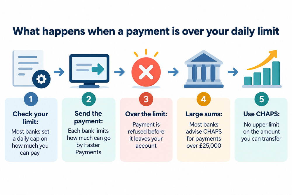 A phone screen showing a bank app message telling the customer their payment exceeds the daily limit
