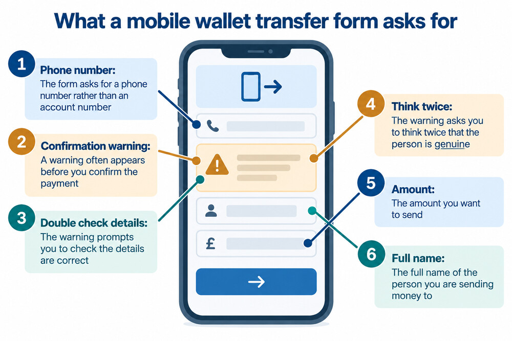 A phone screen showing a transfer form with a phone number field and a confirmation warning