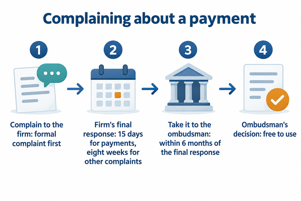 The complaint route from the firm to the ombudsman, with the deadlines at each step