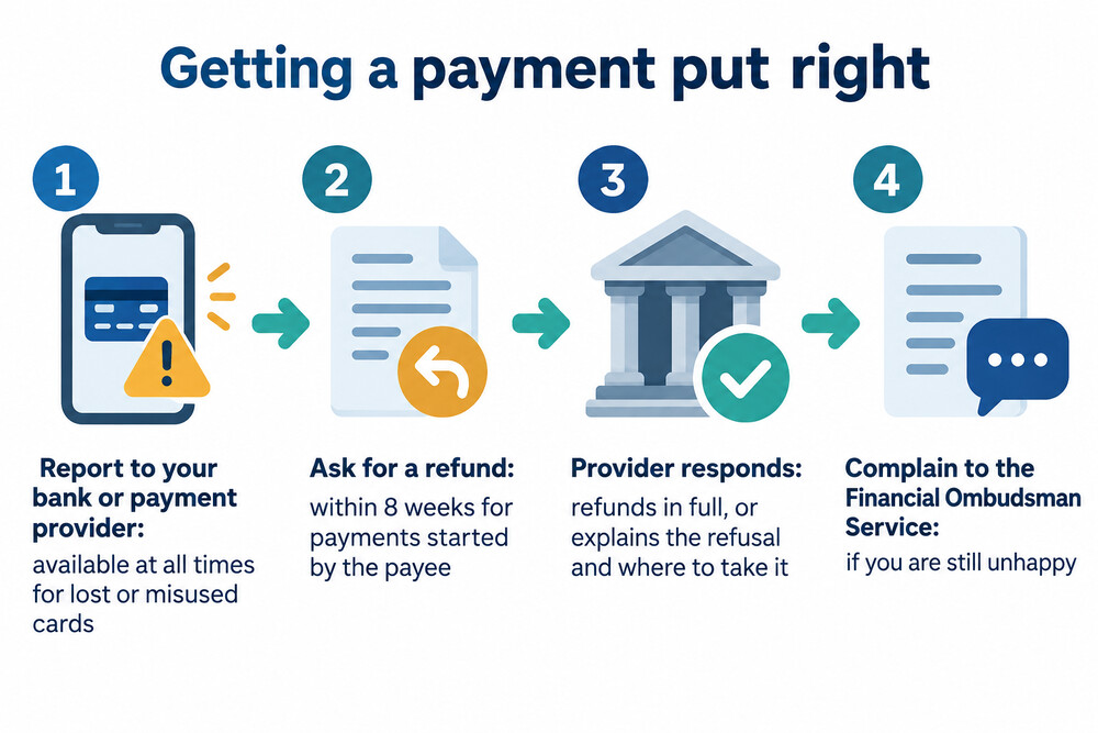 A diagram showing the steps to claim a refund and escalate a complaint about a payment