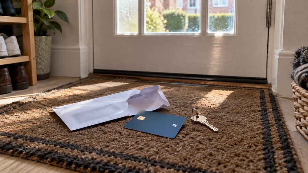 A bank card lies on a doormat beside a torn envelope and a house key in morning light.