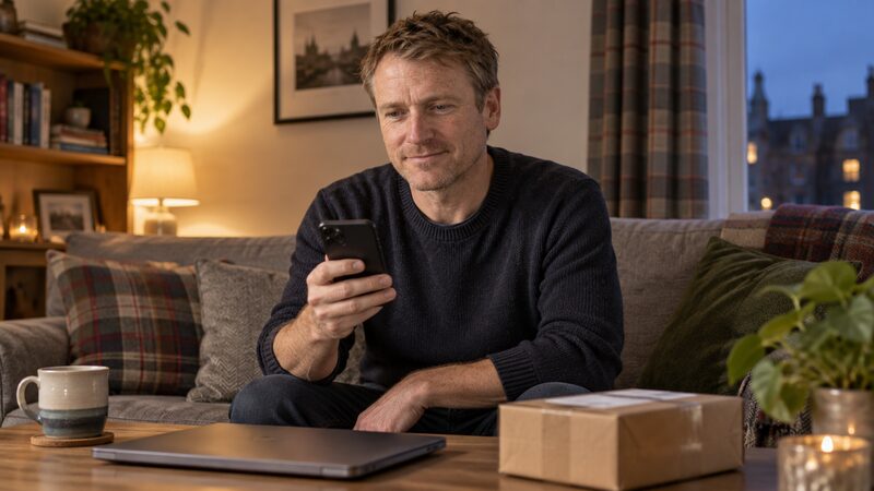 A man on his sofa in the evening approves an online card payment in a banking app on his phone.