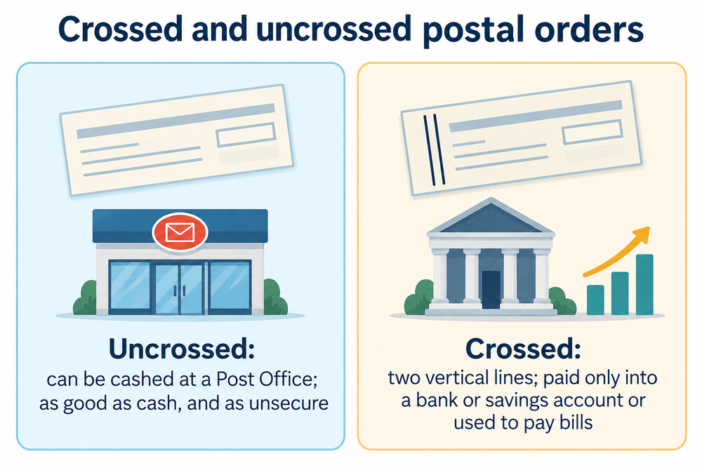 A side-by-side comparison of a crossed and an uncrossed postal order