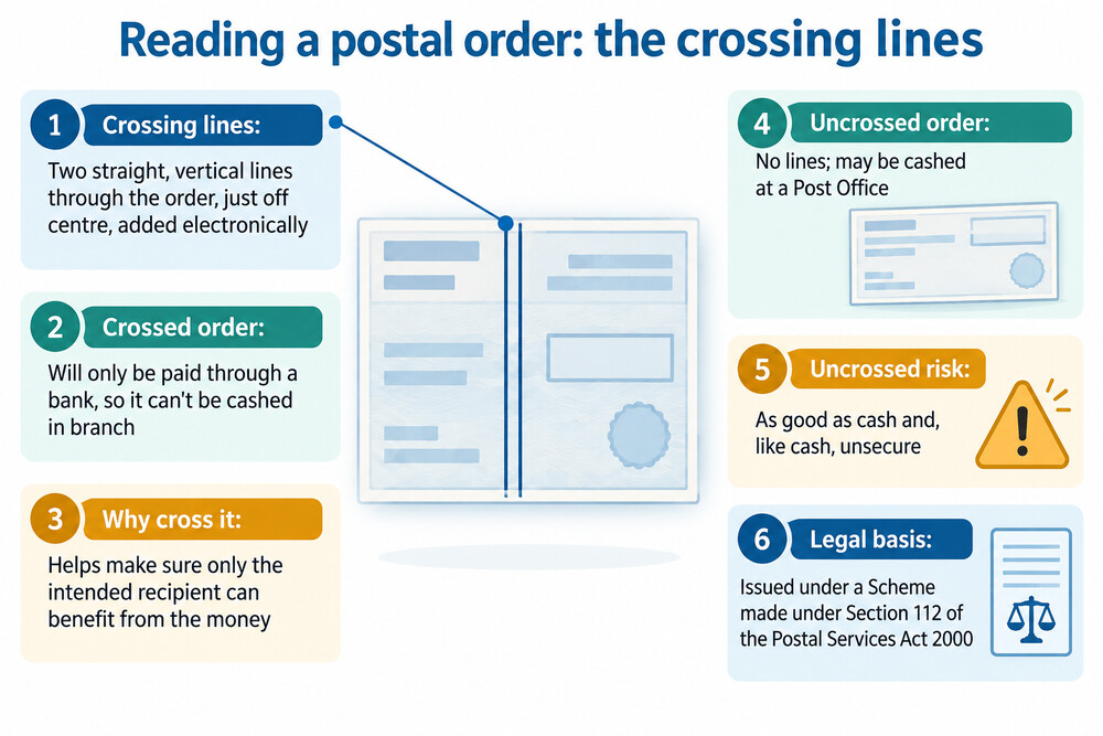 A postal order form showing where the payee's name, the value and the crossing marks go