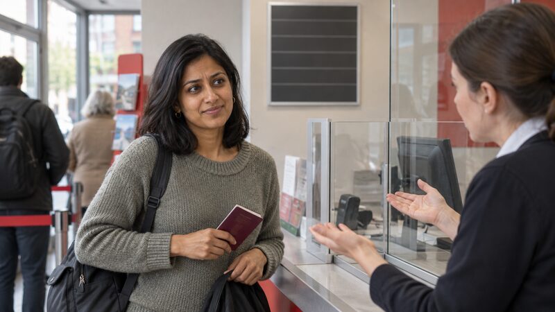 A woman at a Post Office travel money counter holds her passport as an assistant explains.