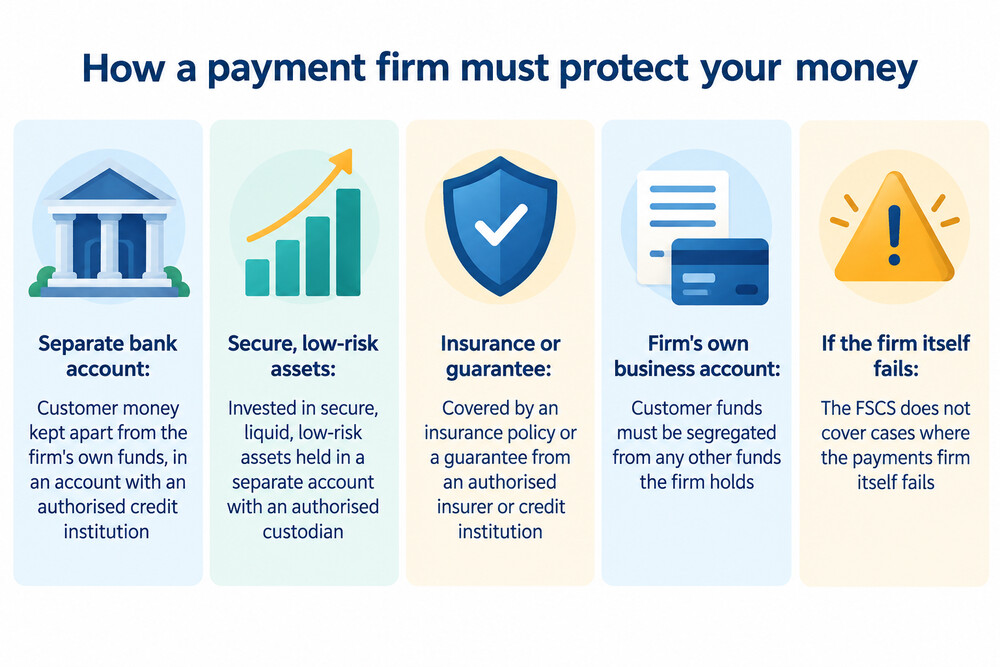 A diagram showing customer money flowing into a separate safeguarding account at a bank, apart from the firm's own operating funds