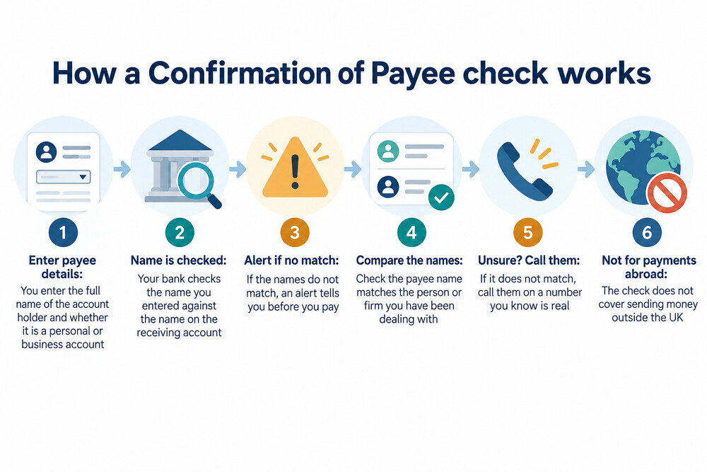 A banking app showing a Confirmation of Payee close match warning before a payment is sent