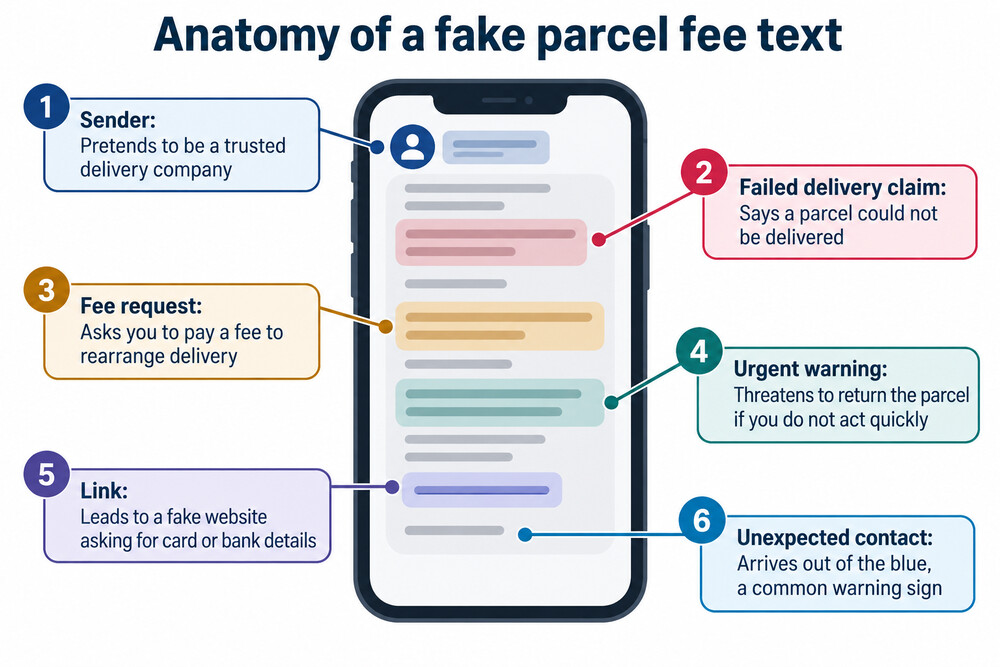 A scam text message claiming a parcel cannot be delivered until a fee is paid
