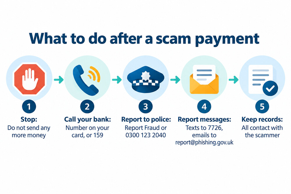 The order of steps after a money transfer scam