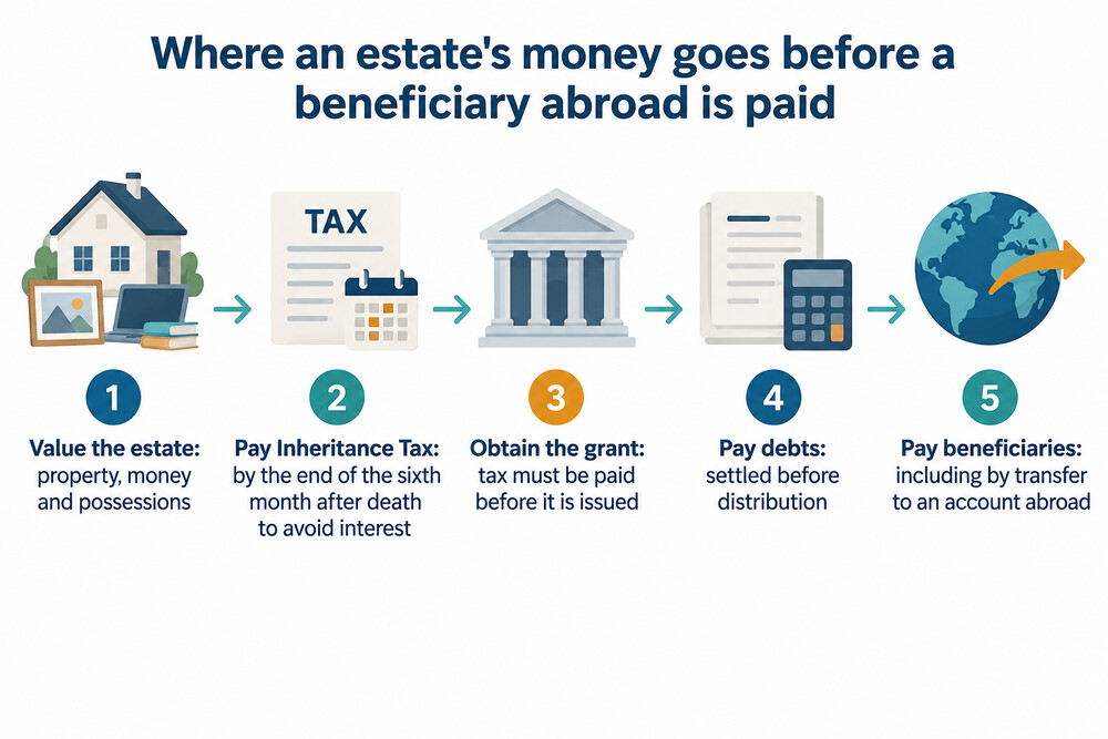 A diagram of an estate's money flowing to tax, debts and then beneficiaries