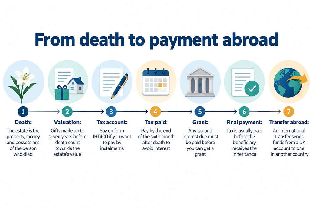 A timeline showing the stages from a death to money reaching a beneficiary's account overseas