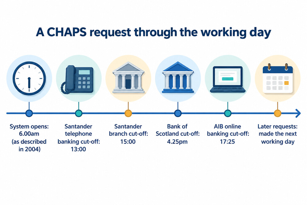 Diagram of a working day showing when CHAPS requests are accepted and when a late request rolls to the next day
