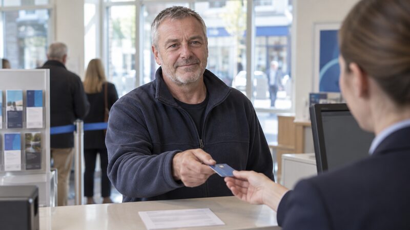 A man at a bank counter hands his debit card to the cashier.
