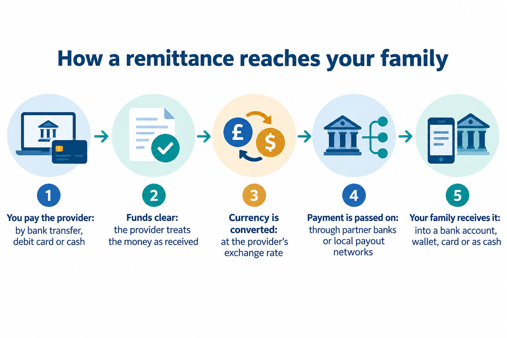 How money sent from the UK reaches a family member abroad, from the sender's account through the provider to the recipient