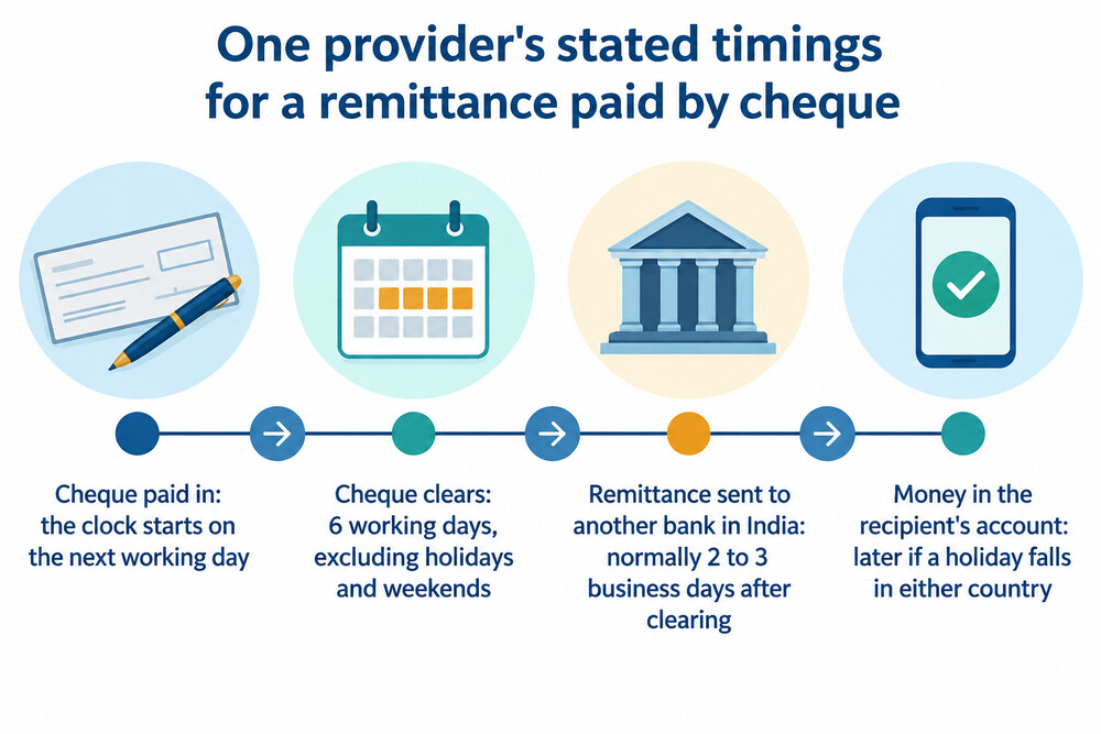 Timeline showing a cheque clearing before a remittance is sent on to the recipient's bank