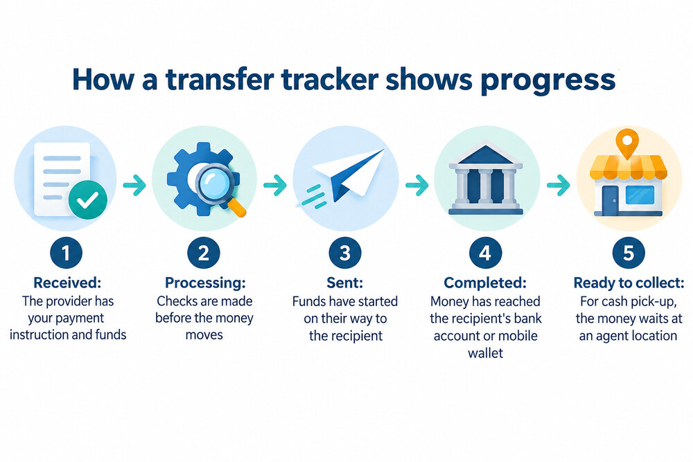 A screenshot example showing the different status labels a money transfer can display, from requested to delivered