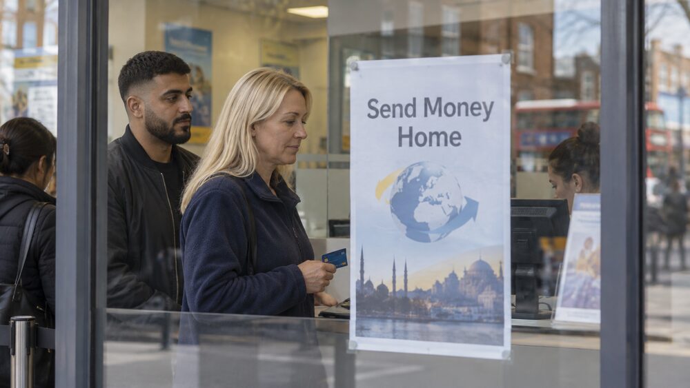 Two people queue at a small money transfer shop with a suitcase beside them at midday.
