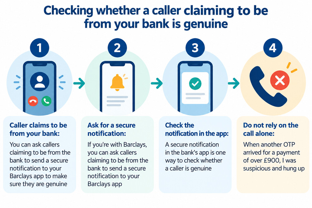 A phone screen showing a secure notification from a bank app naming the caller