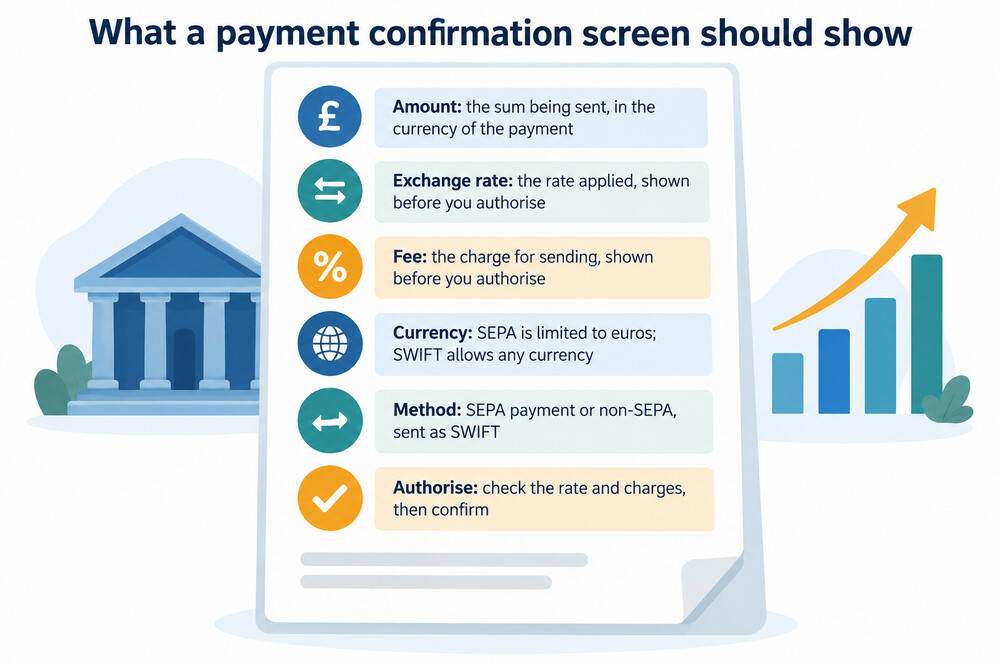 A screenshot-style illustration of an international payment confirmation screen showing the amount, the exchange rate and the fee