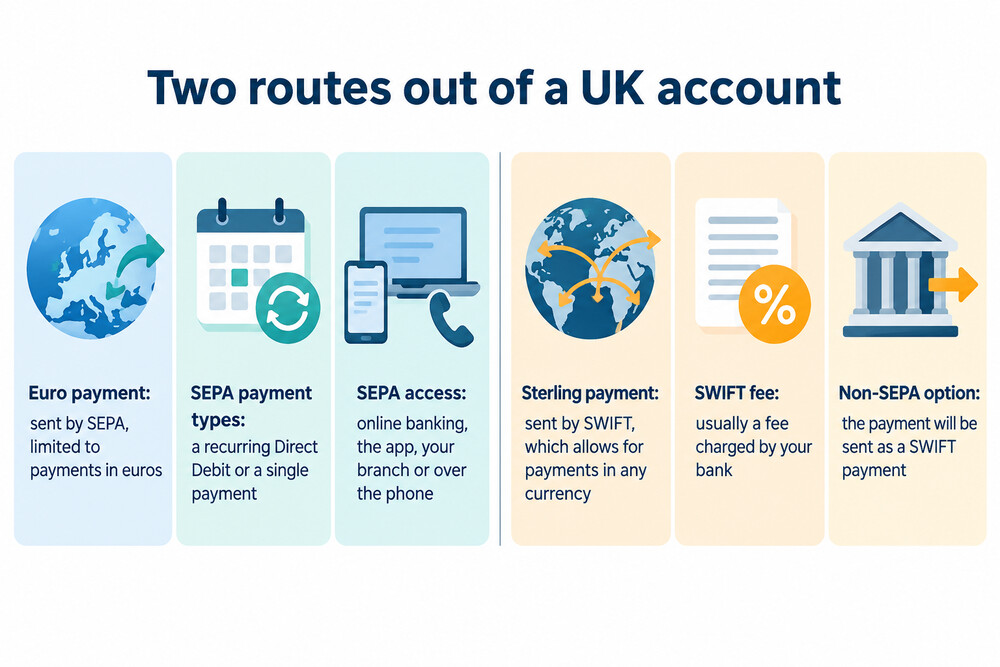 A diagram showing a euro payment travelling by SEPA and a sterling payment travelling by SWIFT through correspondent banks