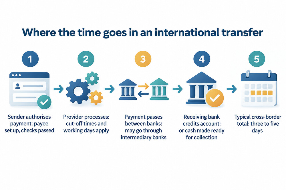 How the time taken by an international transfer builds up, from sending to arrival