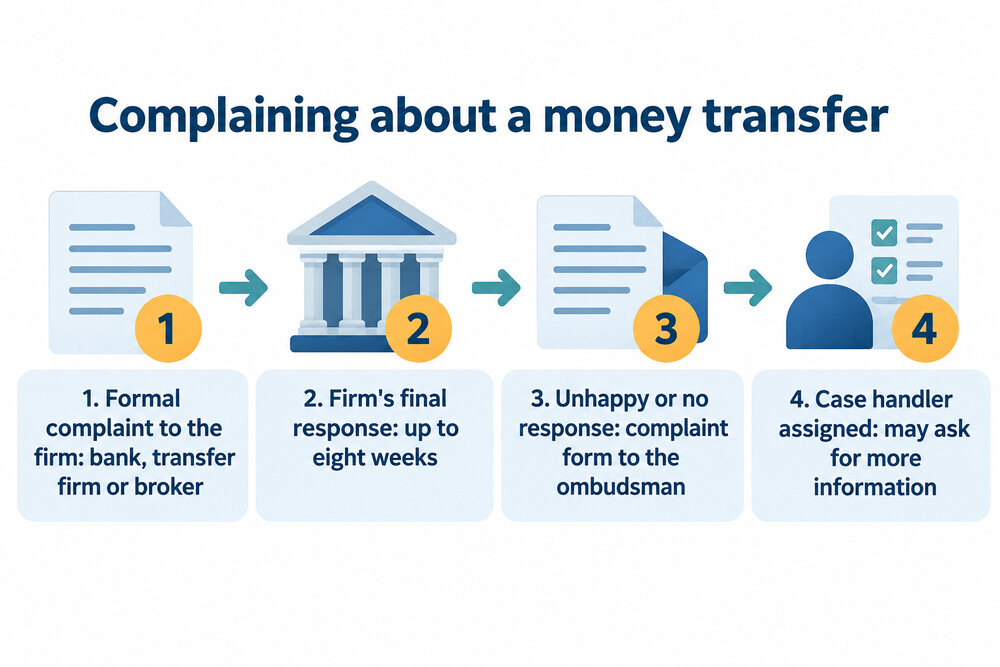 The steps in a complaint about a transfer, from the firm to the ombudsman
