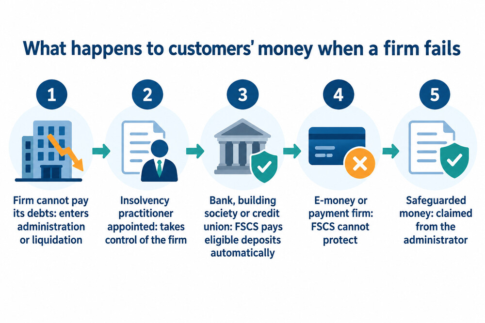 Flow showing a failed firm entering liquidation, with bank customers paid by the FSCS and e-money customers claiming from the liquidator