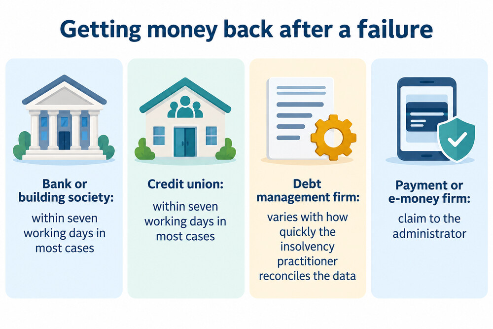 Comparison of the timescale for a bank failure, paid within seven working days, and a payment firm failure, which depends on the liquidator