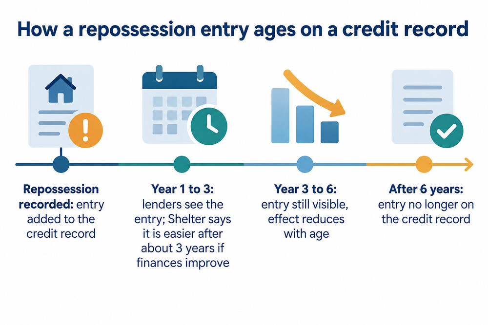 A timeline showing a repossession entry ageing off a credit record over six years