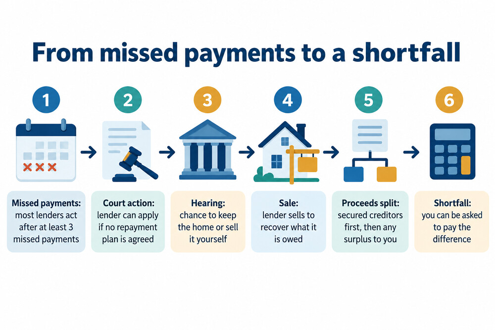 A flow showing missed payments, court action, sale and shortfall