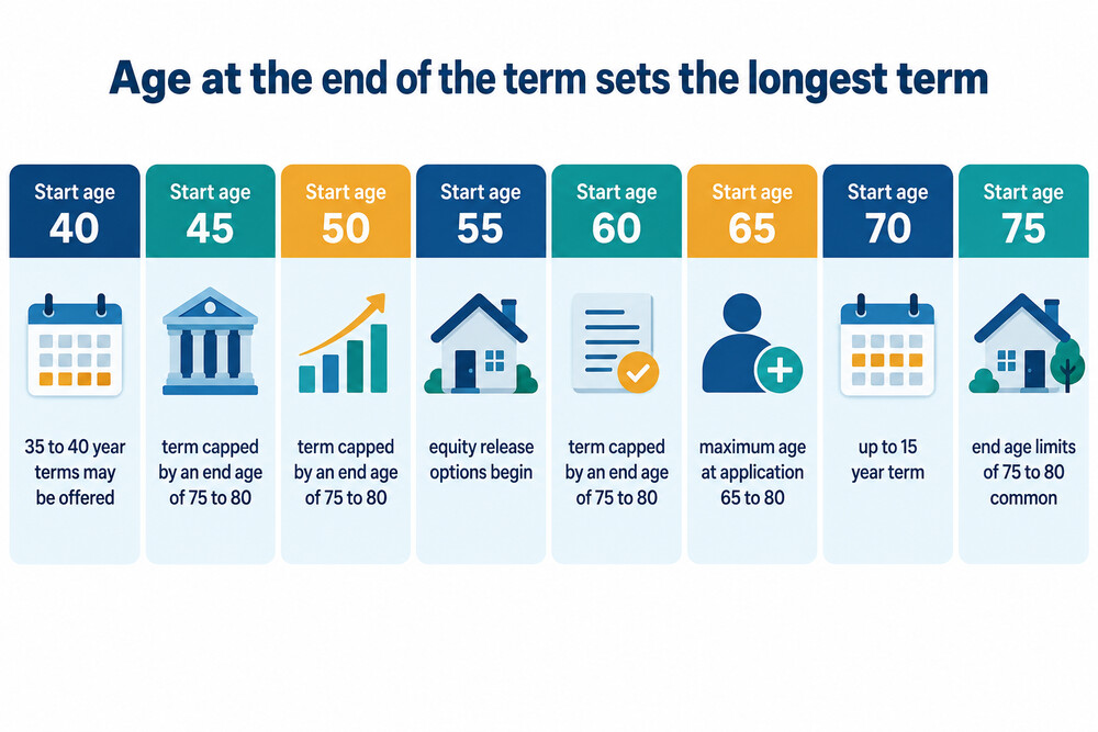 A simple chart showing how a lender's maximum age at the end of the term limits the length of a mortgage depending on the borrower's age