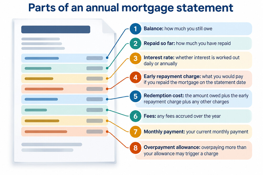 A sample annual mortgage statement with the balance, interest rate and early repayment charge highlighted