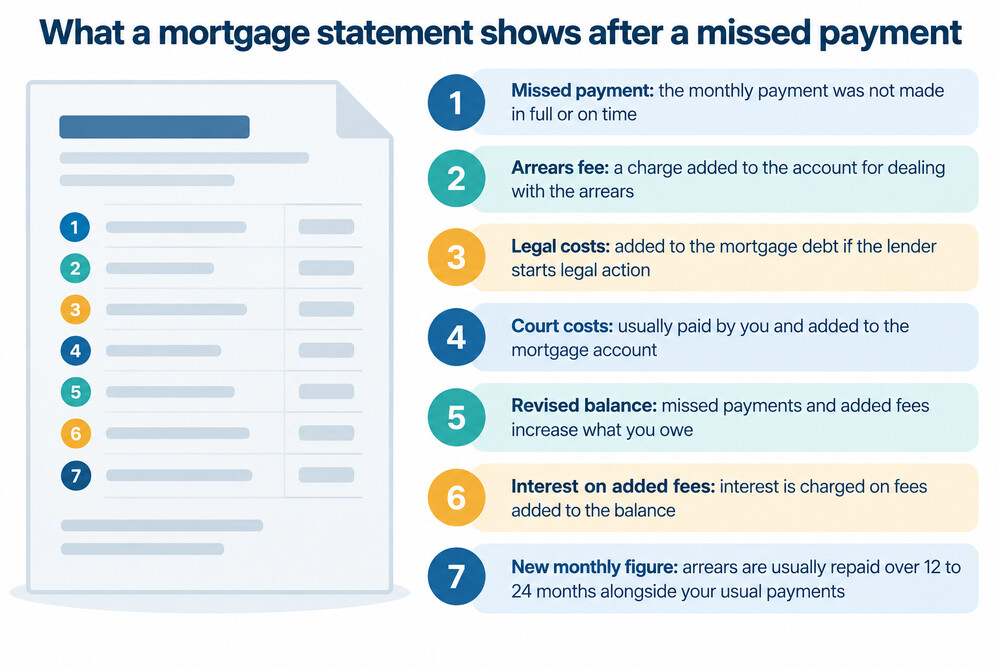 A mortgage statement showing a missed payment, an arrears fee and a revised balance