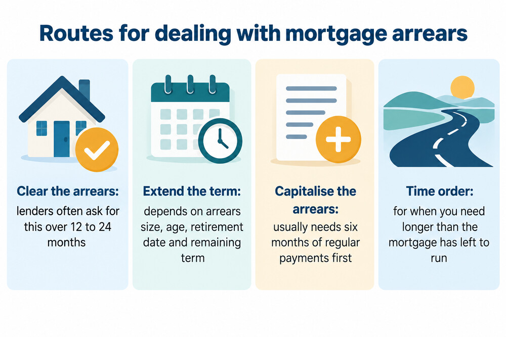 A comparison of the routes open to a borrower with arrears: clearing them, extending the term, capitalising them or a time order