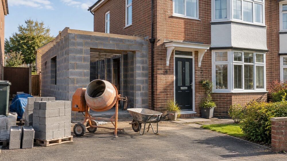 A semi-detached house with a half-built side extension, cement mixer and blocks on the drive.