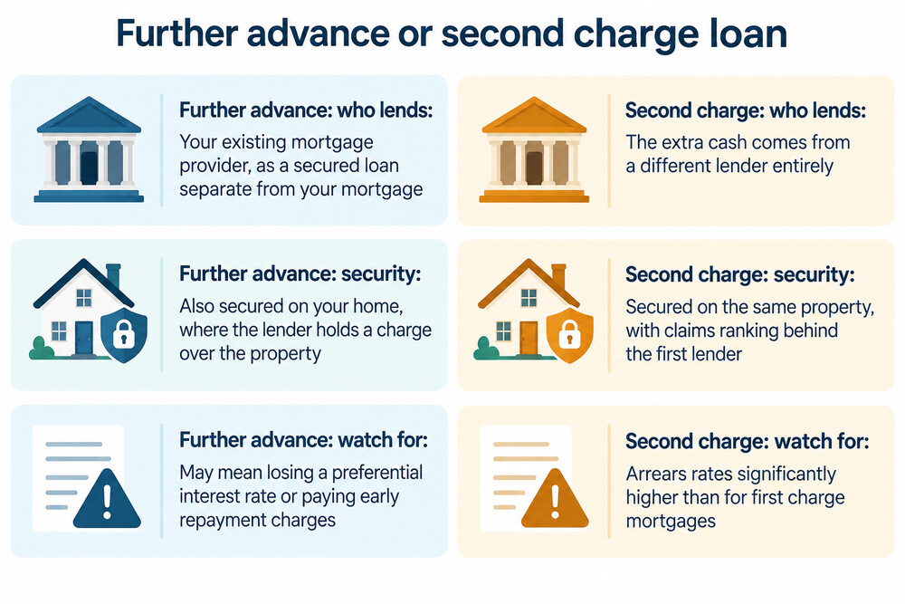 A side-by-side illustration comparing a further advance, where one lender holds both the original mortgage and the extra borrowing, with a second charge mortgage, where a separate lender holds a second loan behind the first