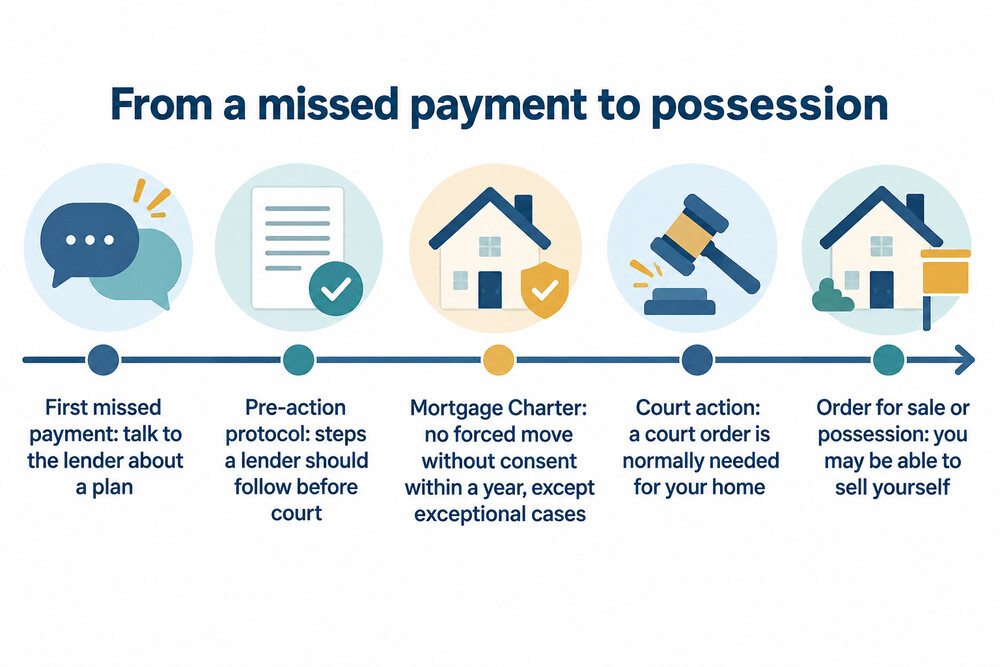 Timeline from a first missed payment through the pre-action protocol and court to possession, with the Mortgage Charter's one-year commitment marked