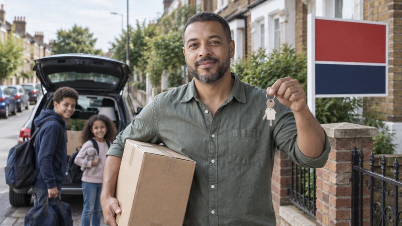 A homeowner looking at two houses, one sold and one being bought, with a bridge connecting them