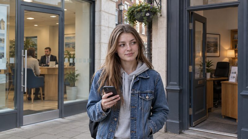 A young woman stands between a branch and a broker's office, holding a phone.