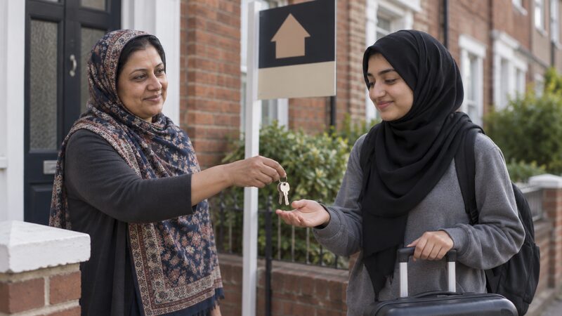 A woman hands house keys to a young woman with a suitcase outside a terraced house.