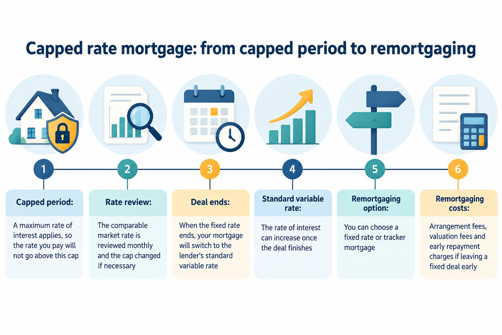 A timeline showing a capped rate mortgage: the capped period, then the move to the standard variable rate, then remortgaging options