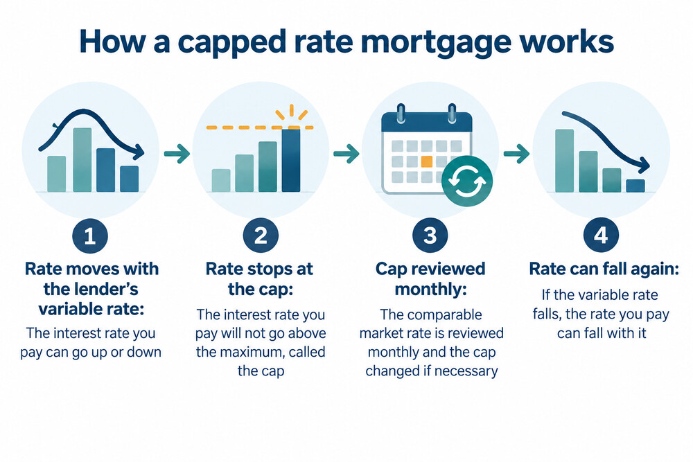 A simple diagram showing a capped rate mortgage: the rate moves up and down with the lender's variable rate but stops at the cap line
