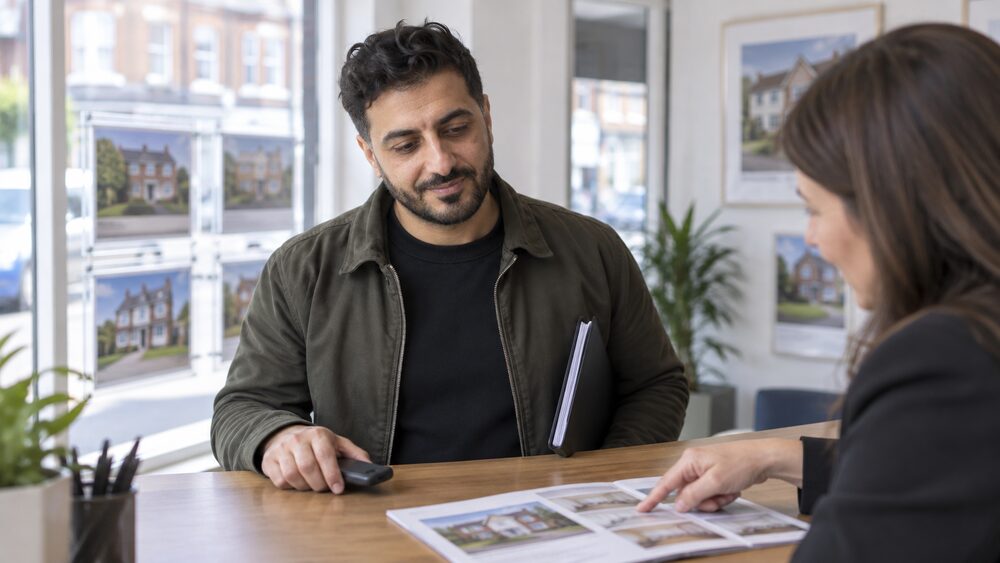 A man stands at an estate agent's counter talking with the agent.