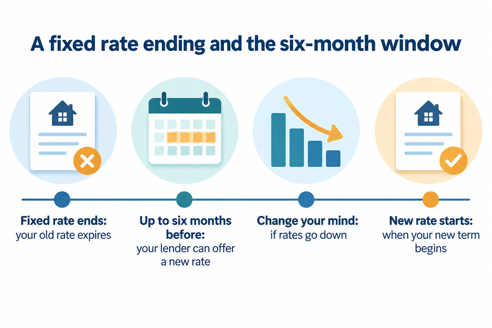A simple timeline showing a fixed rate ending, the six-month window to lock in a new deal, and the point at which the new rate starts