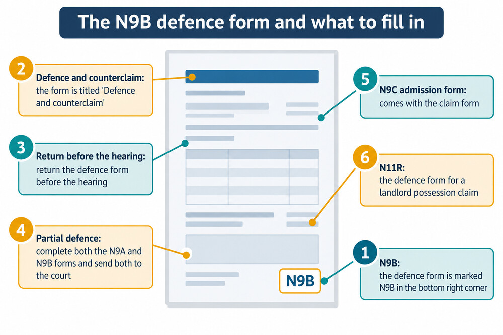 A court defence form with the N9B reference in the bottom right corner and the sections a borrower fills in