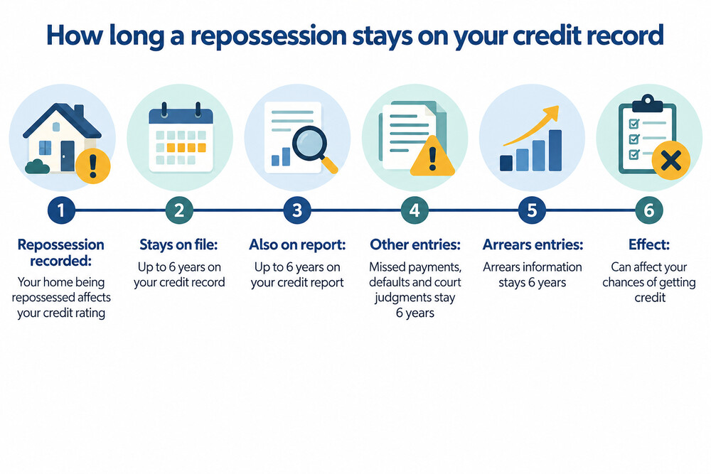 A timeline showing a repossession staying on a credit record for up to six years