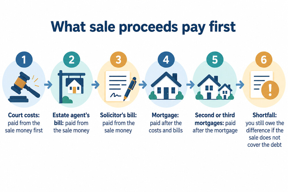 A diagram showing sale proceeds paying court costs, estate agent and solicitor bills, then the mortgage and any second charges