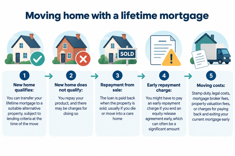 A simple flow showing a lifetime mortgage either transferring to a new home or being repaid from the sale