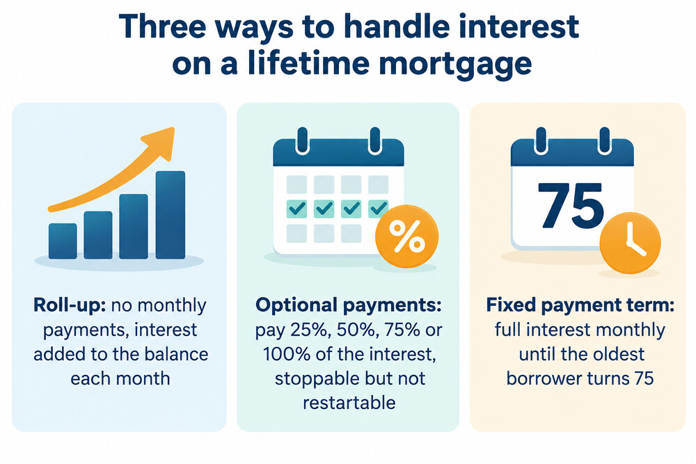 A side-by-side comparison of three lifetime mortgage payment structures: roll-up, optional payments and fixed payment term