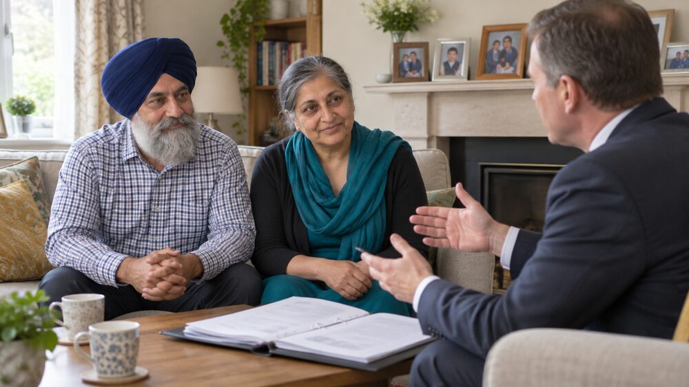 An older couple sit on their sofa while a suited adviser explains papers on the table between them.